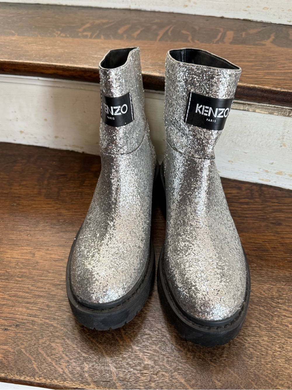 Kenzo Silver Glitter Boots with black rubber soles